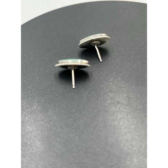 Signed Sterling Silver Turquoise Oval Rope Bezel Post Stud Earrings 17mm - Picture 11 of 14